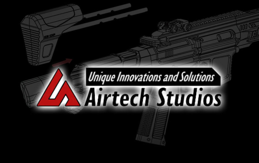 Airtech airsoft logo with unique innovations and solutions text over rifle schematic background