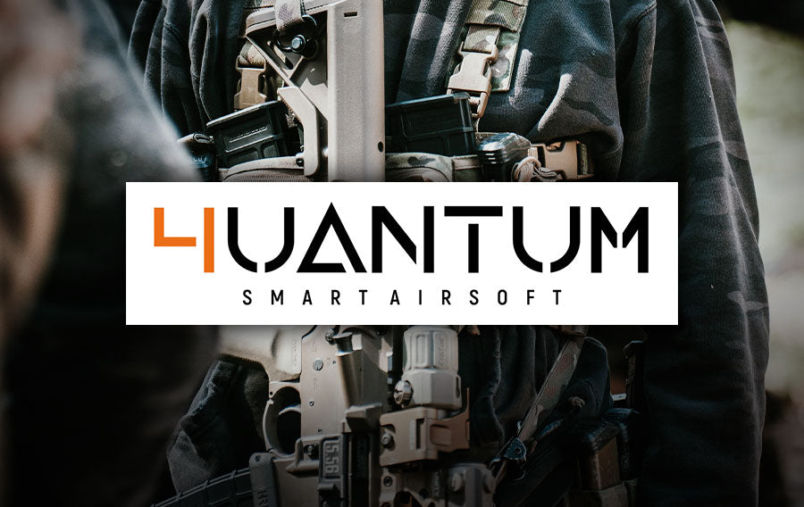 4UANTUM bucking and smart airsoft internal parts logo over tactical airsoft gear background
