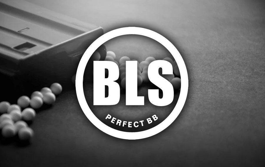 Close-up of BLS bbs spilling from a container with BLS logo overlay promoting precision airsoft BBs