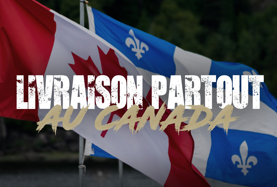 Canadian and Quebec flags with text highlighting shipping airsoft Canada available nationwide