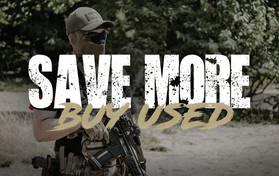 Promotional image advocating for second hand airsoft products with a figure holding equipment outdoors