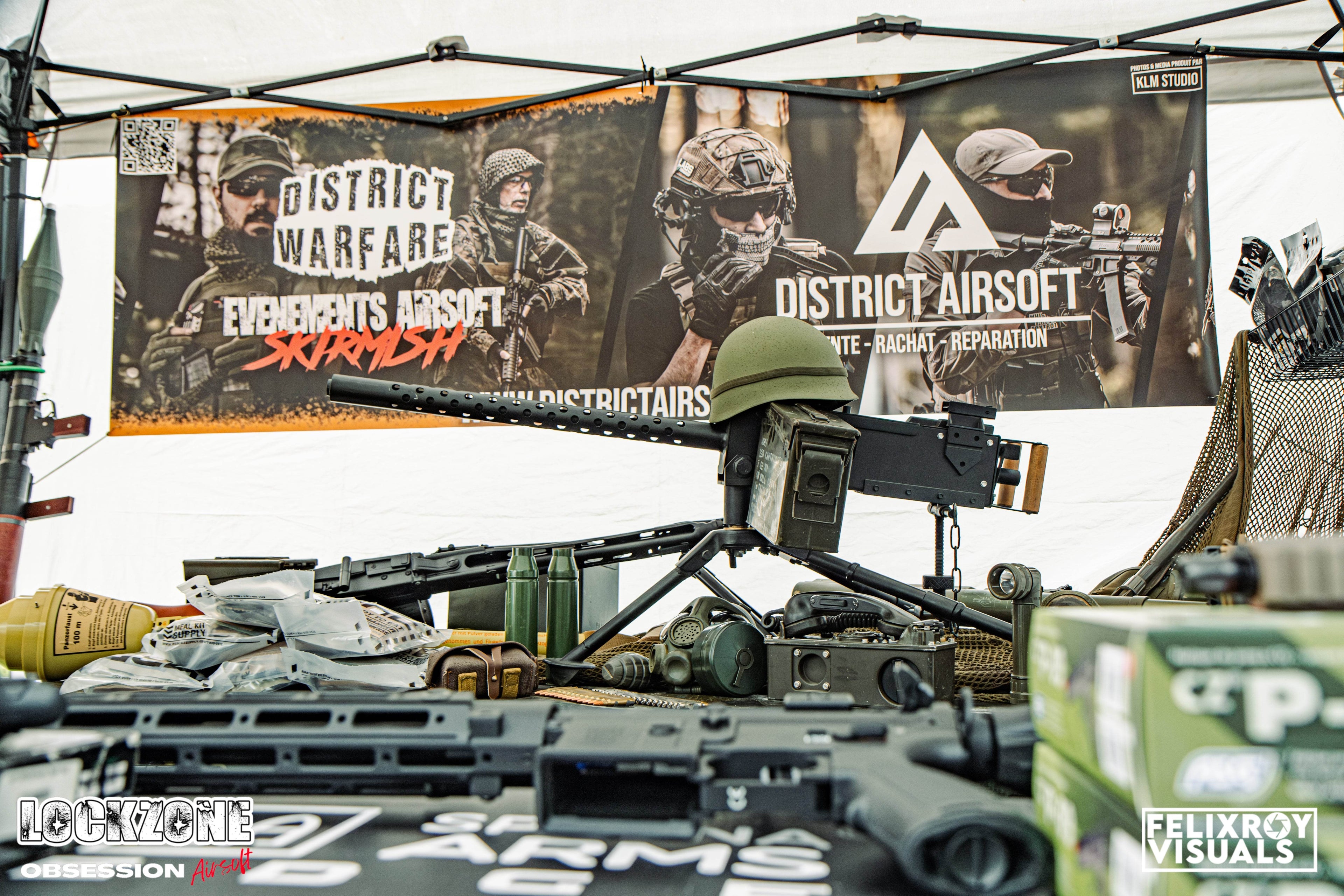 Airsoft guns Canada display featuring a variety of tactical gear and promotional banners