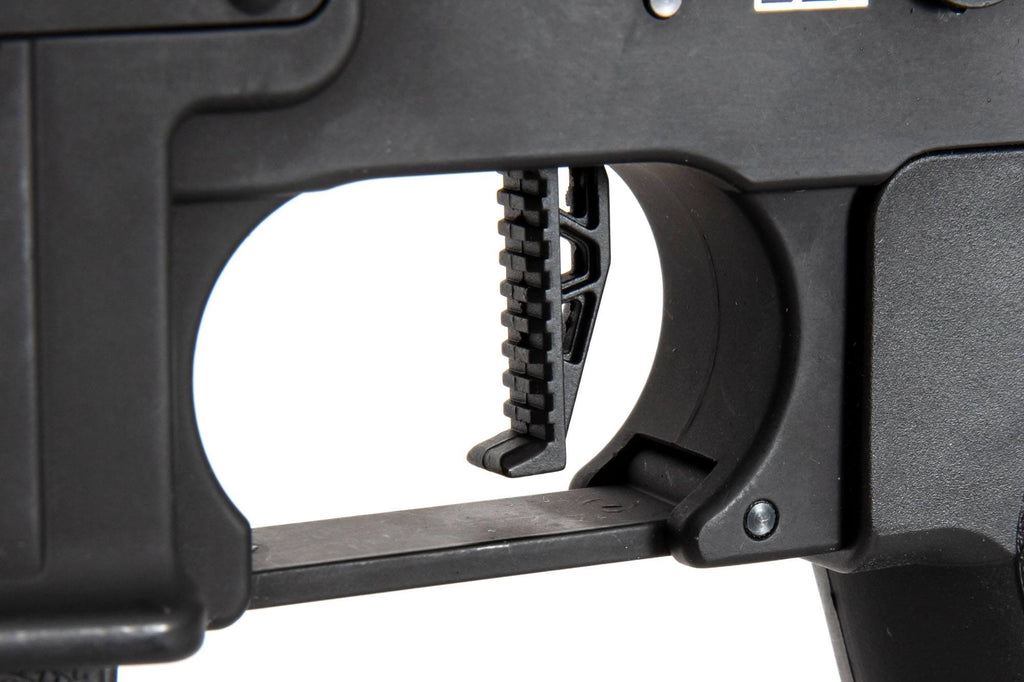 Close-up of a black rifle stock with a white background
