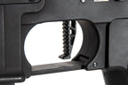 Close-up of a black rifle stock with a white background