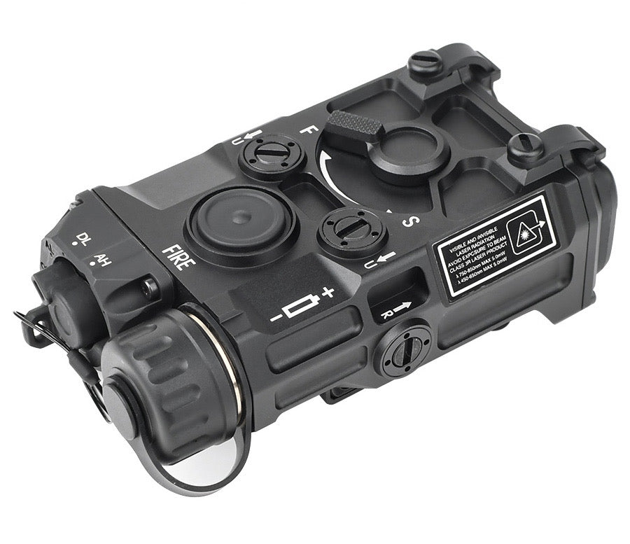 A black tactical red dot sight with illuminated LED lenses, adjustment dials, and a carrying strap, shown on a plain white background.