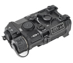 A black tactical red dot sight with illuminated LED lenses, adjustment dials, and a carrying strap, shown on a plain white background.