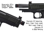 Staccato C2 airsoft pistol shown in two angled views on a white background with product specifications and logos. The pistol is matte black with a red accent ring near the front sight and a mounted optic.