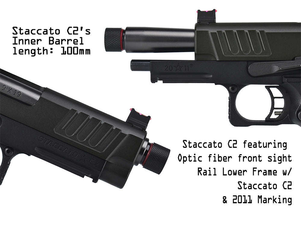 Staccato C2 airsoft pistol shown in two angled views on a white background with product specifications and logos. The pistol is matte black with a red accent ring near the front sight and a mounted optic.