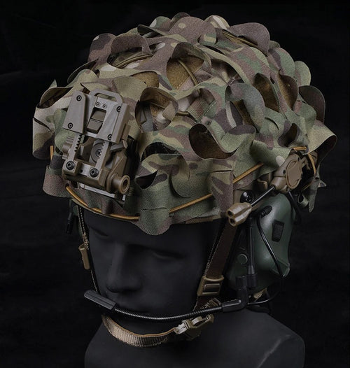 District Airsoft 3D helmet with camouflage pattern and tactical accessories for airsoft enthusiasts