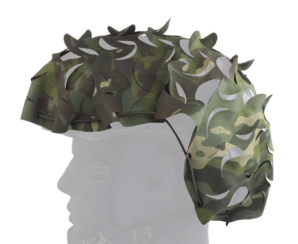 DISTRICT AIRSOFT 3D helmet with camouflage design featuring leaf-like attachments for enhanced concealment