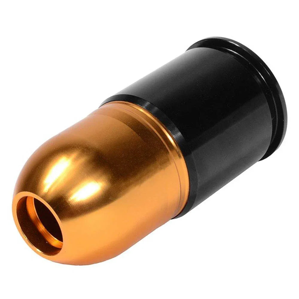 ASG 40mm airsoft grenade shell with a shiny orange tip and black body for tactical games