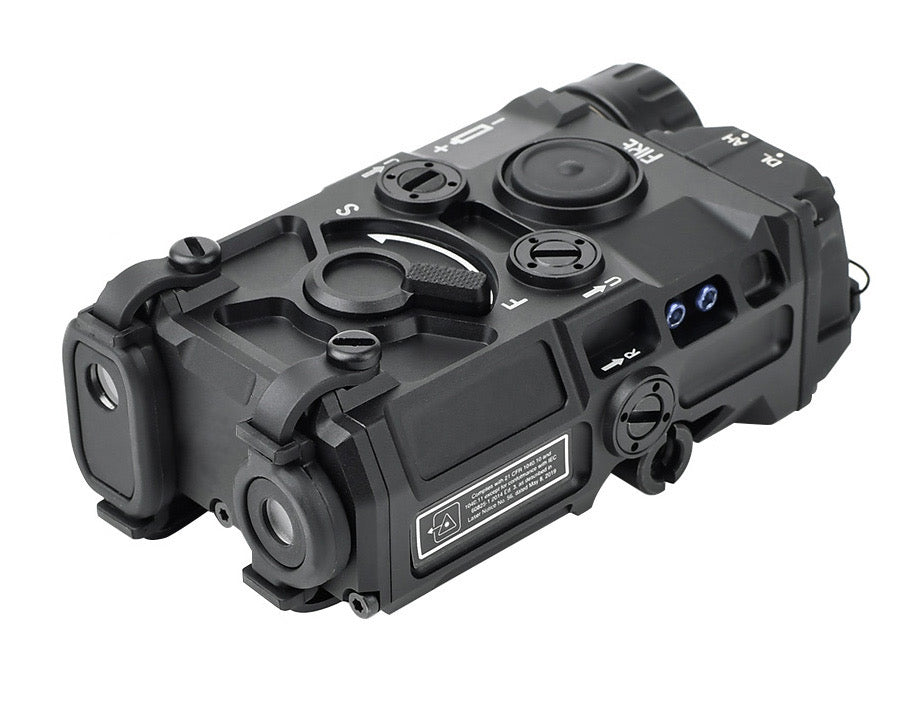 Black tactical red dot sight with adjustment knobs and switches, shown from an elevated angle on a white background.