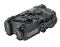 Black tactical red dot sight with adjustment knobs and switches, shown from an elevated angle on a white background.