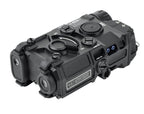 Black tactical red dot sight with adjustment knobs and switches, shown from an elevated angle on a white background.