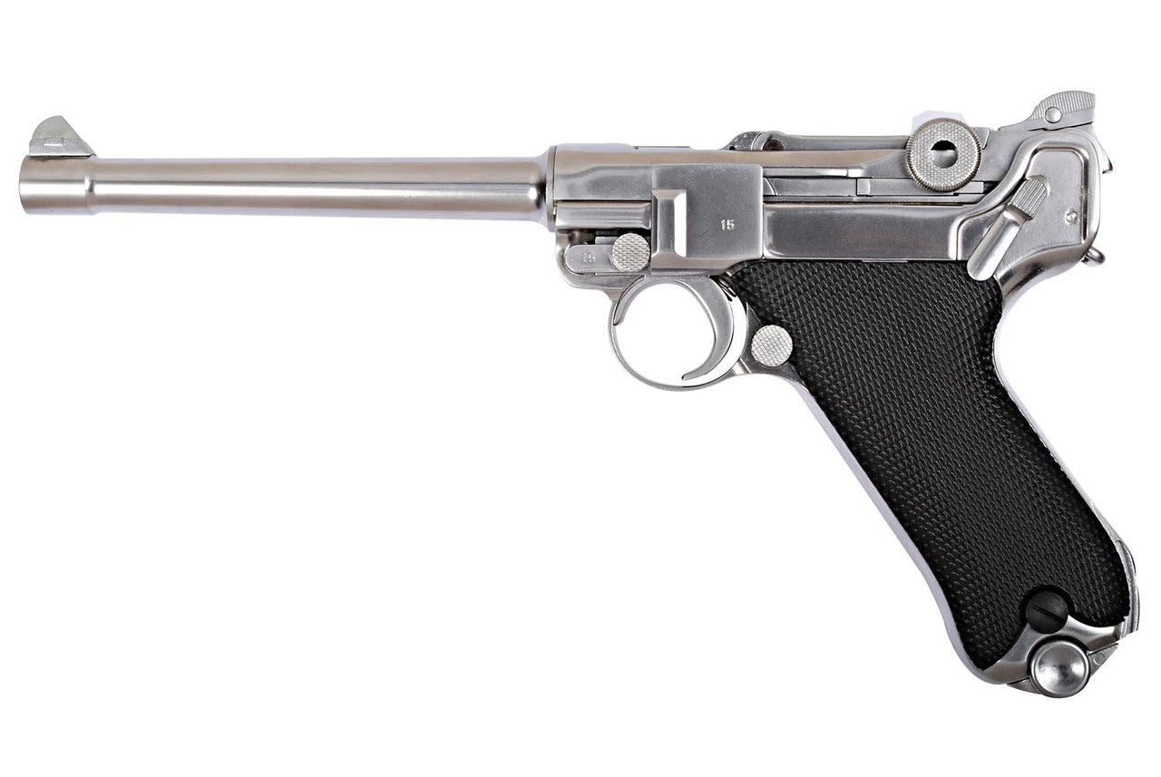 WE TECH FULL METAL LUGER P08 6’’ SILVER AIRSOFT PISTOL GBB