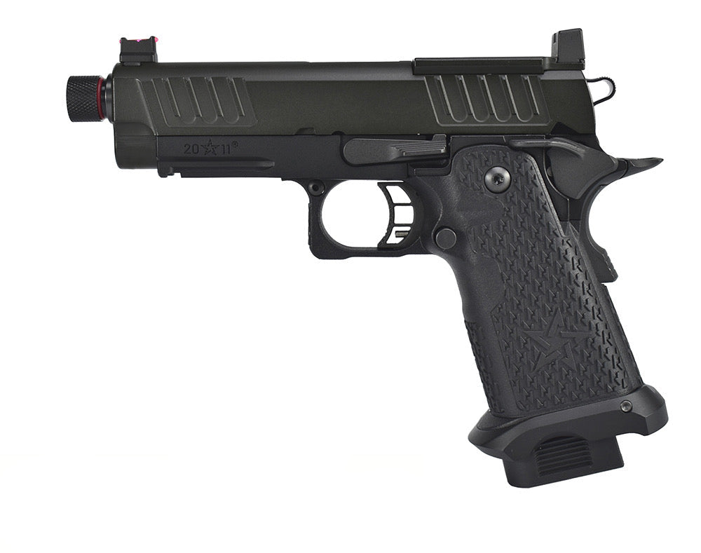 A black Staccato 205 II replica pistol shown in two views against a white background, with brand and compatibility logos at the bottom.