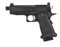 A black Staccato 205 II replica pistol shown in two views against a white background, with brand and compatibility logos at the bottom.