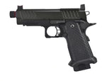 A black Staccato 205 II replica pistol shown in two views against a white background, with brand and compatibility logos at the bottom.