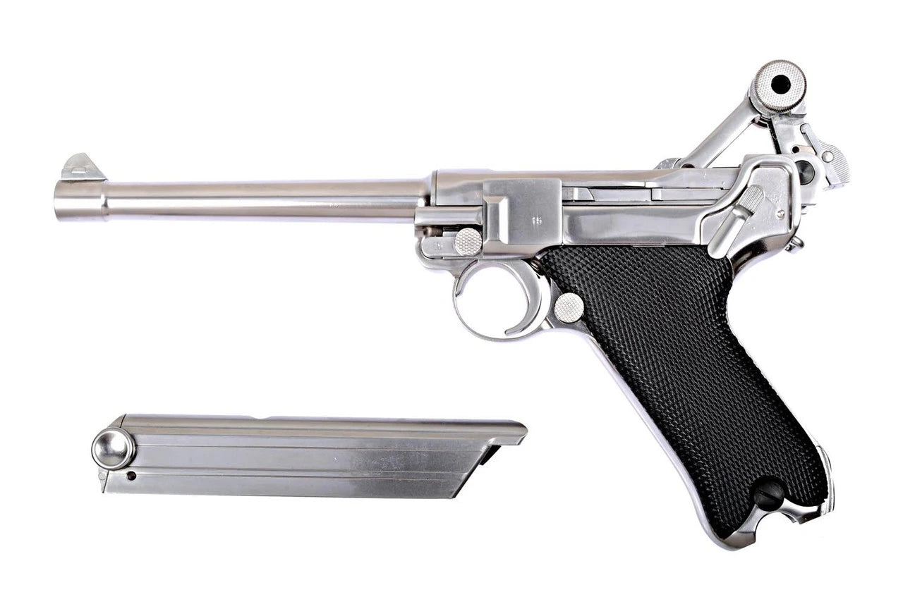 WE TECH FULL METAL LUGER P08 6’’ SILVER AIRSOFT PISTOL GBB