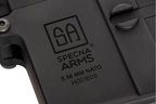 Close-up of Specna Arms product with logo and text on a black background