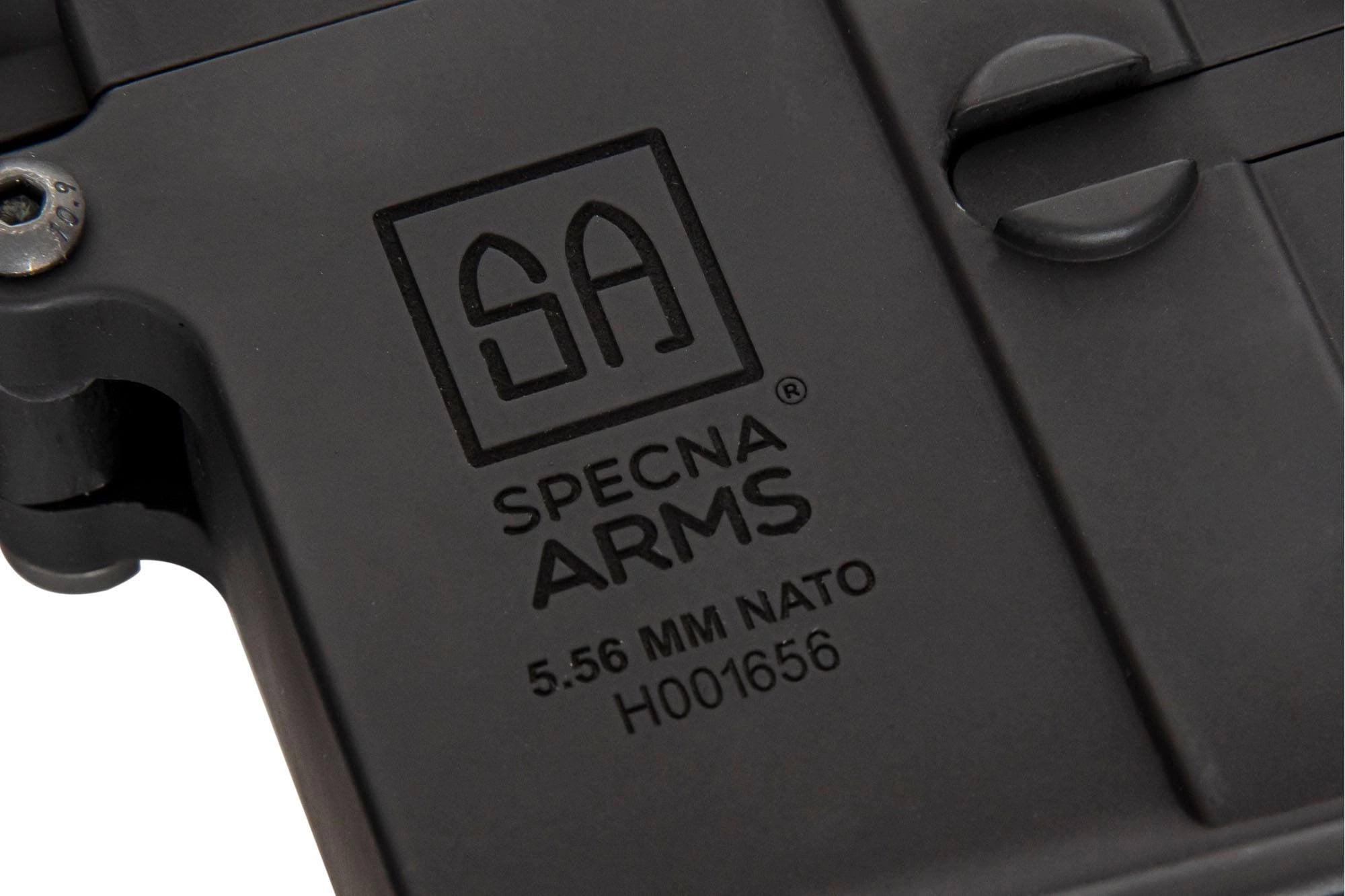 Close-up of Specna Arms product with logo and text on a black background