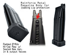 Three views of a black metal magazine body component for a handgun magazine, shown on a white background with text describing reinforced metal, loading lip protection, and capacity details, plus Army Armament and Staccato logos.