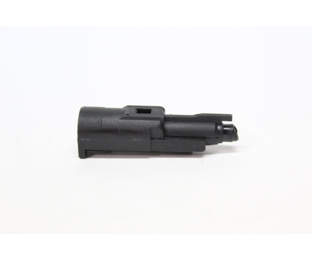 WE Tech G17 airsoft loading nozzle black polymer internal part on white background for G17 replicas