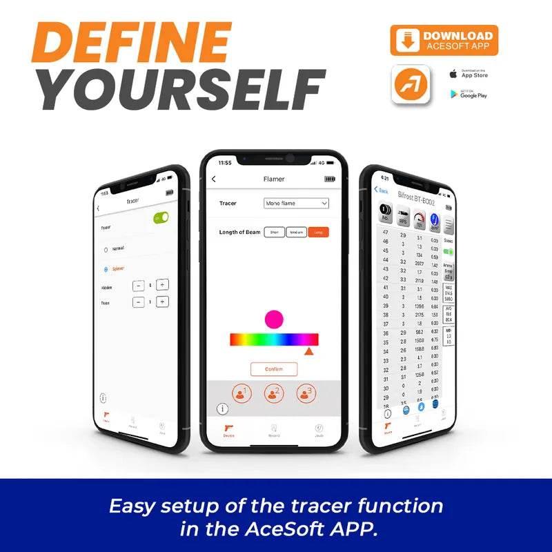 Setup guide for ACETECH BIFROST tracer function in the AceSoft app on smartphone screens
