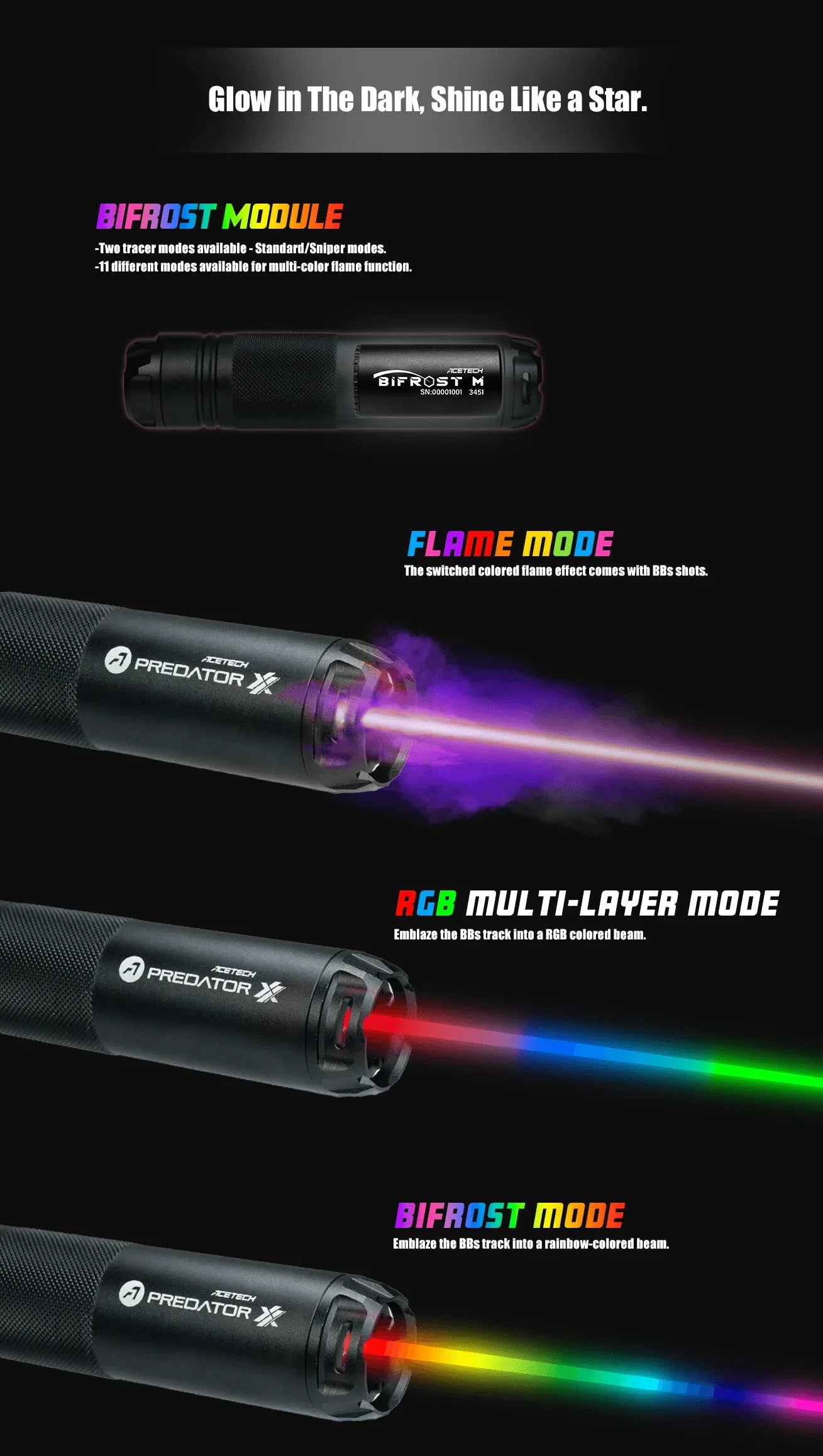 ACETECH PREDATOR XX BIFROST M flashlight with multiple color modes including flame and RGB multi-layer for versatile use