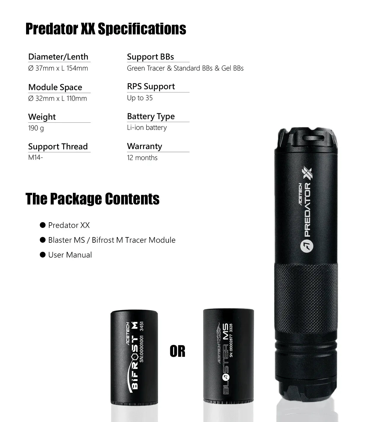 ACETECH PREDATOR XX BIFROST M with detailed specifications and package contents for airsoft enthusiasts