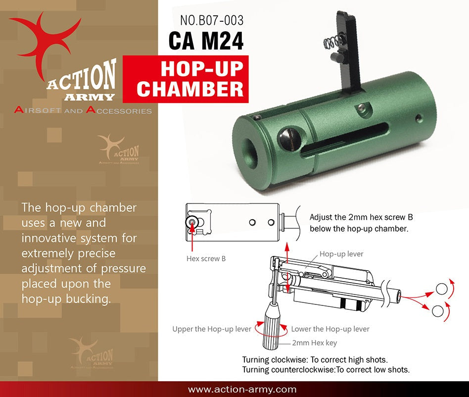 Action Army hop-up chamber CA M24 green CNC aluminum unit with adjustable hop up lever and 2mm hex screw