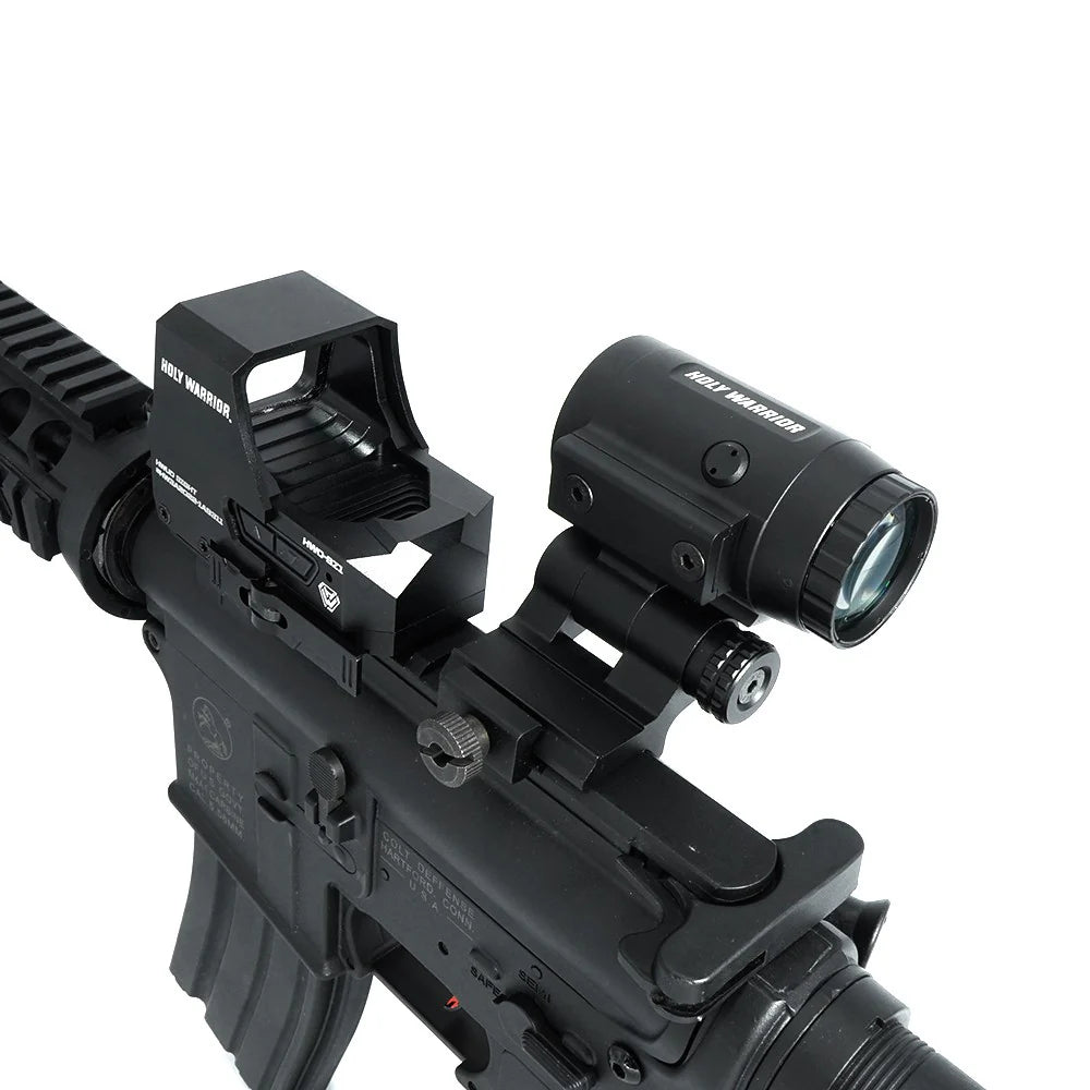 HOLY WARRIOR airsoft 3x magnifier mounted on tactical rifle for enhanced aiming and precision