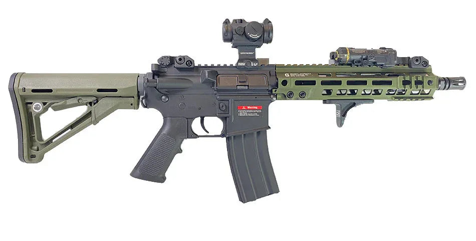 AEG airsoft rifle with adjustable stock and tactical rail system for customized accessories