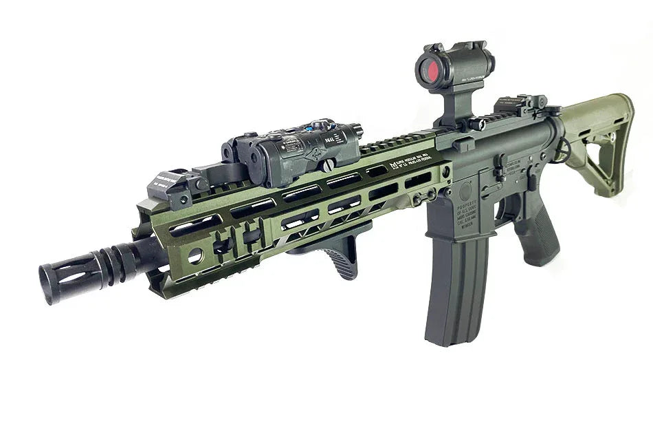 E&C Airsoft AEG in olive green with tactical accessories and flashlight for enhanced gameplay
