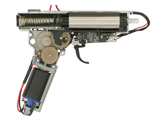 Internal mechanism of WELL PRO airsoft AK12 featuring gears and motor components