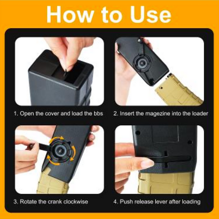 Instructions for using the Airsoft Crank Speed Loader, featuring loading steps and image guide