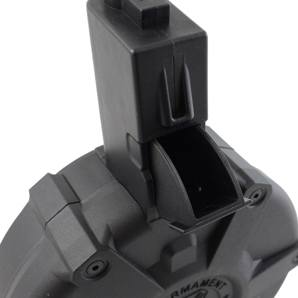 DRUM MAG ARP9 G G black polymer drum magazine with top feed opening for ARP9 airsoft accessory