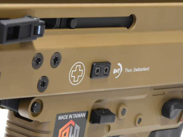 Close-up of ARCHWICK B&T airsoft gbbr showcasing detailed parts and craftsmanship