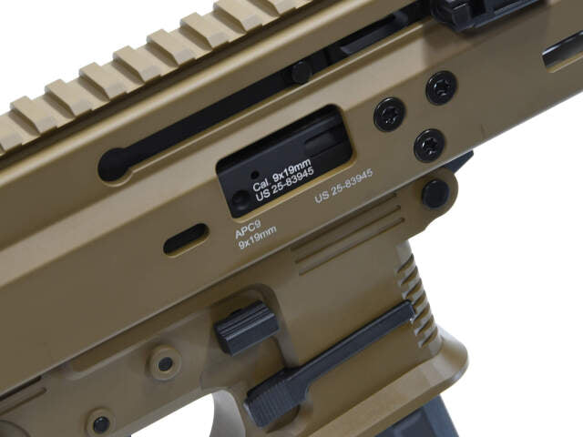 ARCHWICK B&T airsoft gbbr with detailed receiver and rail system in tan finish