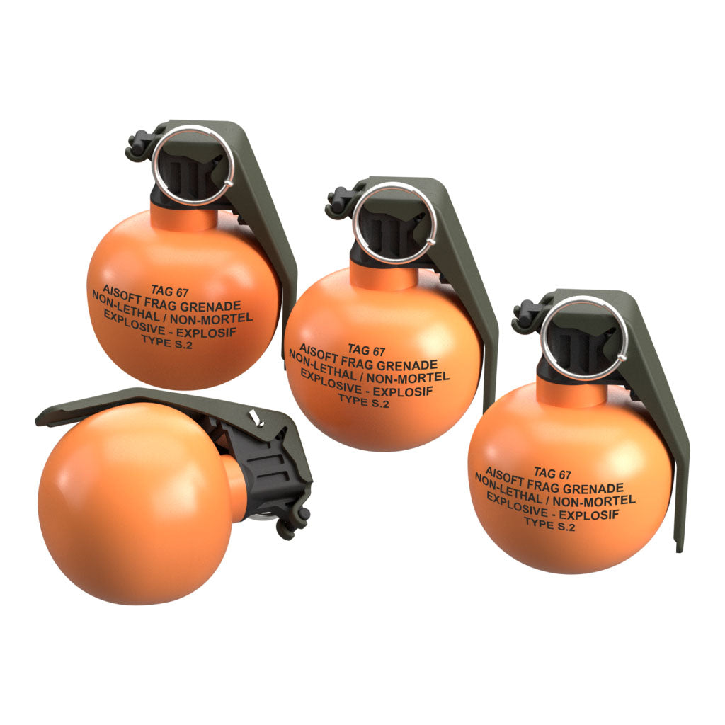 Taginn AIRSOFT GRENADE in vibrant orange, designed for non-lethal gameplay with easy-pull pin