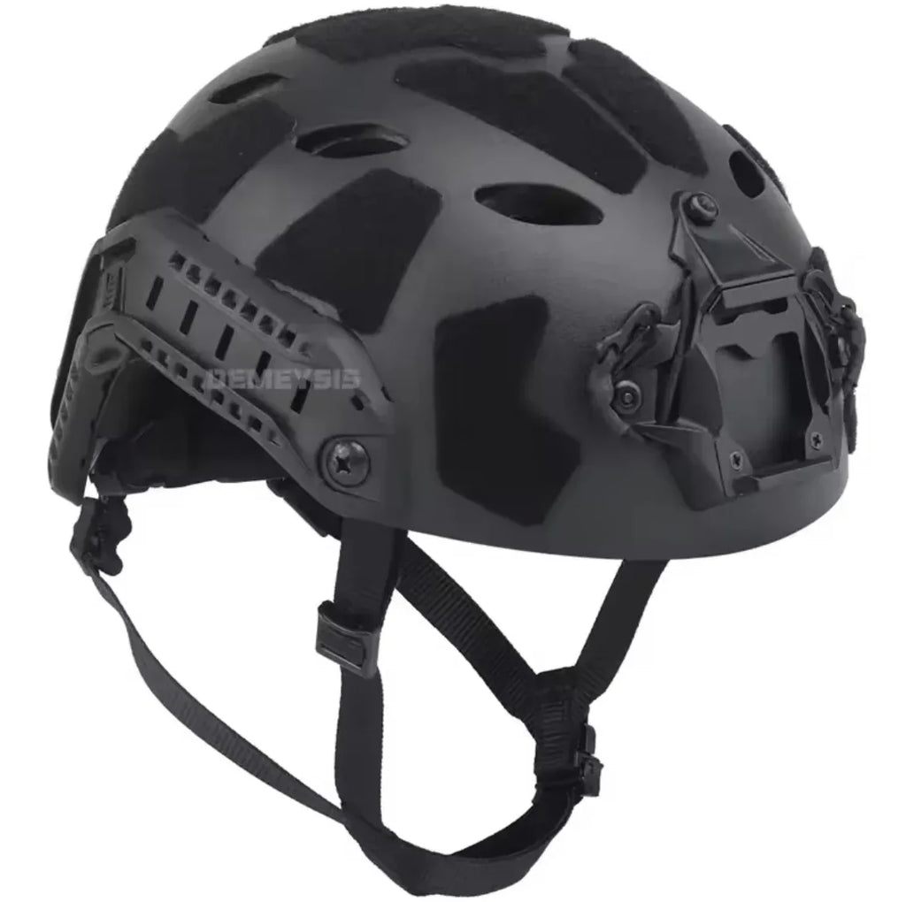 DEMEYSIS Airsoft Helmet in black with adjustable straps and ventilation holes for tactical use