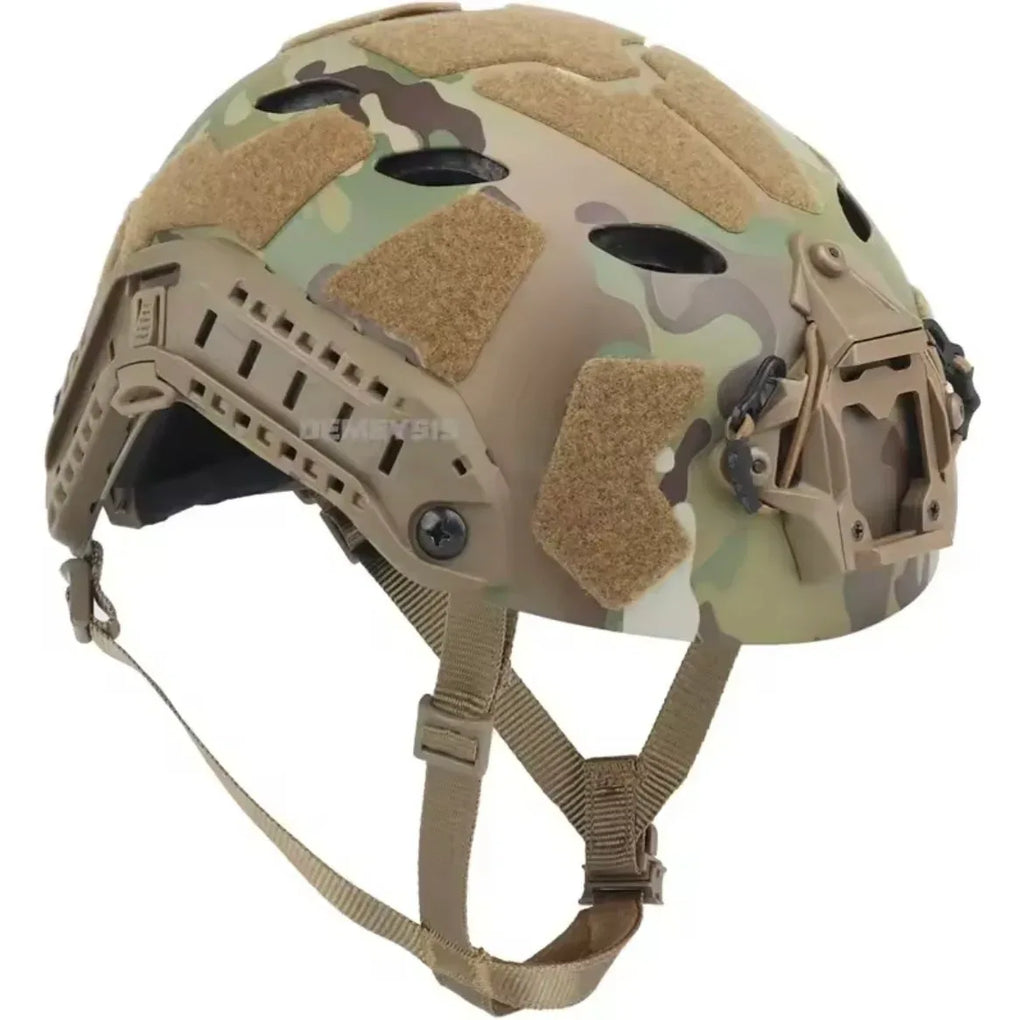 Demeysis airsoft helmet in tan camouflage design with adjustable straps for tactical use