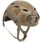 DEMEYSIS tactical airsoft helmet in tan color with adjustable straps and mounting options