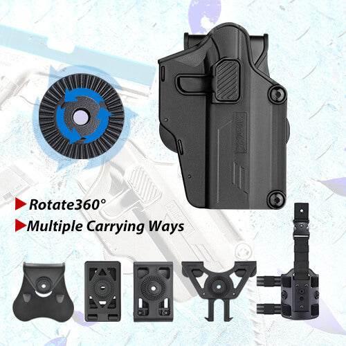 AMOMAX Airsoft Holster with 360-degree rotation and multiple carrying options for tactical use