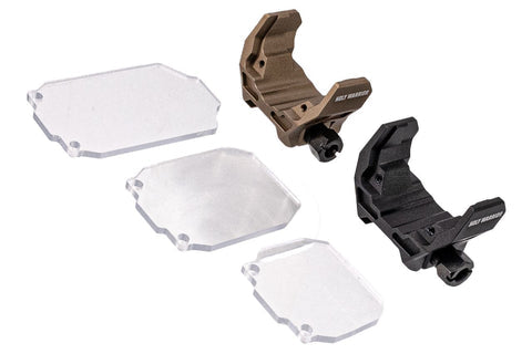 Holy Warrior airsoft lens protector kit with mounts in brown and black, featuring clear protective lenses