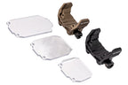 Holy Warrior airsoft lens protector kit with mounts in brown and black, featuring clear protective lenses
