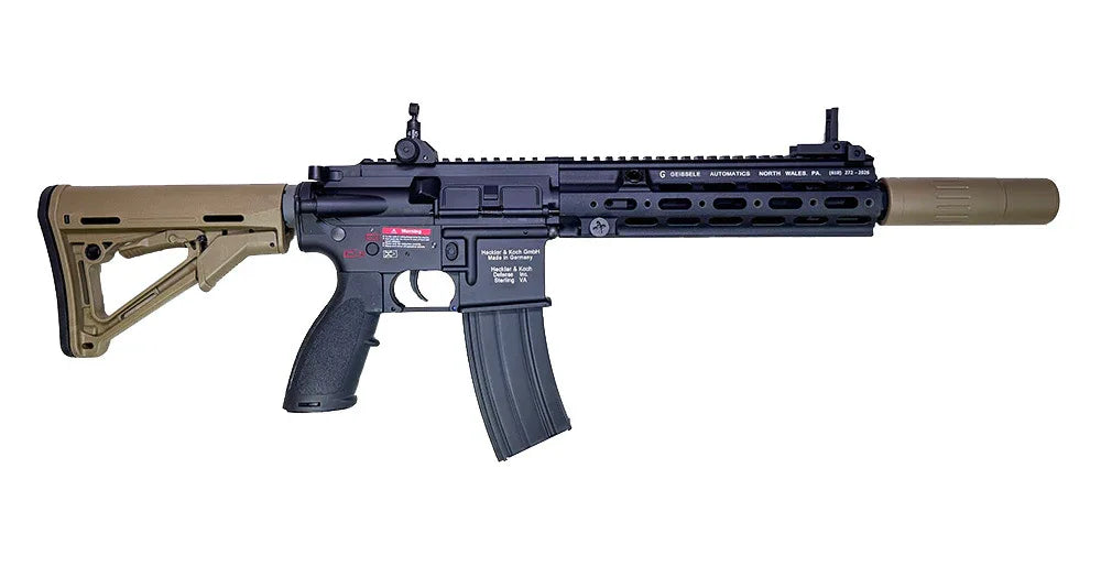 AEG airsoft rifle with tactical rail and adjustable stock in a black and tan finish