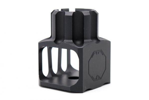 5KU Airsoft Muzzle Brake in Black with Unique Cutouts for Improved Accuracy and Performance