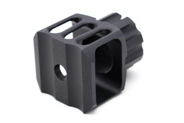 5KU Airsoft Muzzle Brake in Black Aluminum with Enhanced Sound Suppression Features