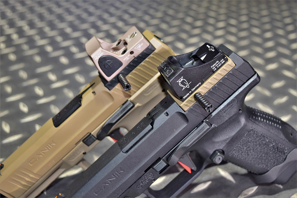 CANIK airsoft optic plate set mounted on tan and black handguns with textured grips